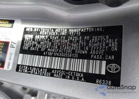2016 Toyota Camry Xle z USA, uszkodzony, nr VIN 4T1BF1FKXGU558135